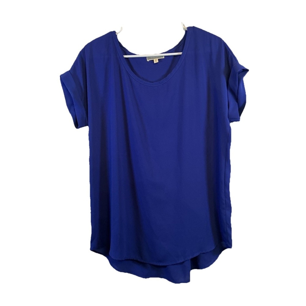 Pleione Women's Size S Blue Pleated Back Short Cuffed Sleeves Blouse Made In USA